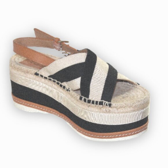 Tory Burch Grosgrain Ribbon Cream And Black Sling Back Platform Sandal, Size 8 - Picture 6 of 11